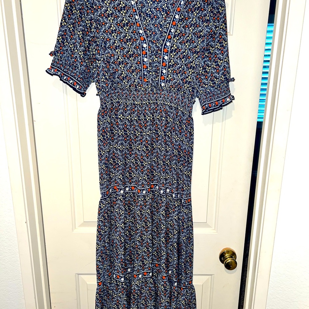 Max StudioV-Neck Elbow Sleeve Boho Floral Print Tiered Long Maxi Flowy Dress